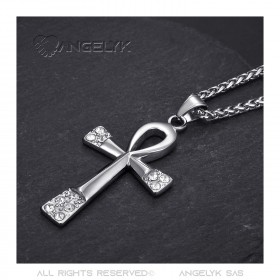 PE0125 BOBIJOO JEWELRY Ciondolo Croce della Vita Collana con Diamanti Argento 60mm in Acciaio Inossidabile