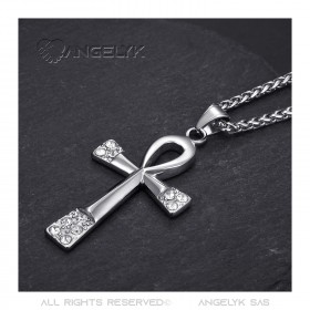 PE0125 BOBIJOO JEWELRY Kreuz des Lebens Anhänger 60 mm Edelstahl-Silber-Diamant-Halskette