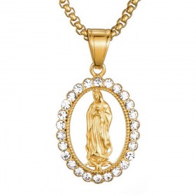 Collana con catena in acciaio e oro con ciondolo Vergine Maria con strass  IM#21798
