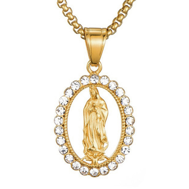 Pendant Virgin Mary Rhinestone Steel Gold Chain Necklace  IM#21798