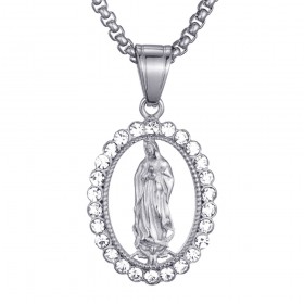 Pendant Virgin Mary Strass Steel Silver Necklace Chain  IM#21804