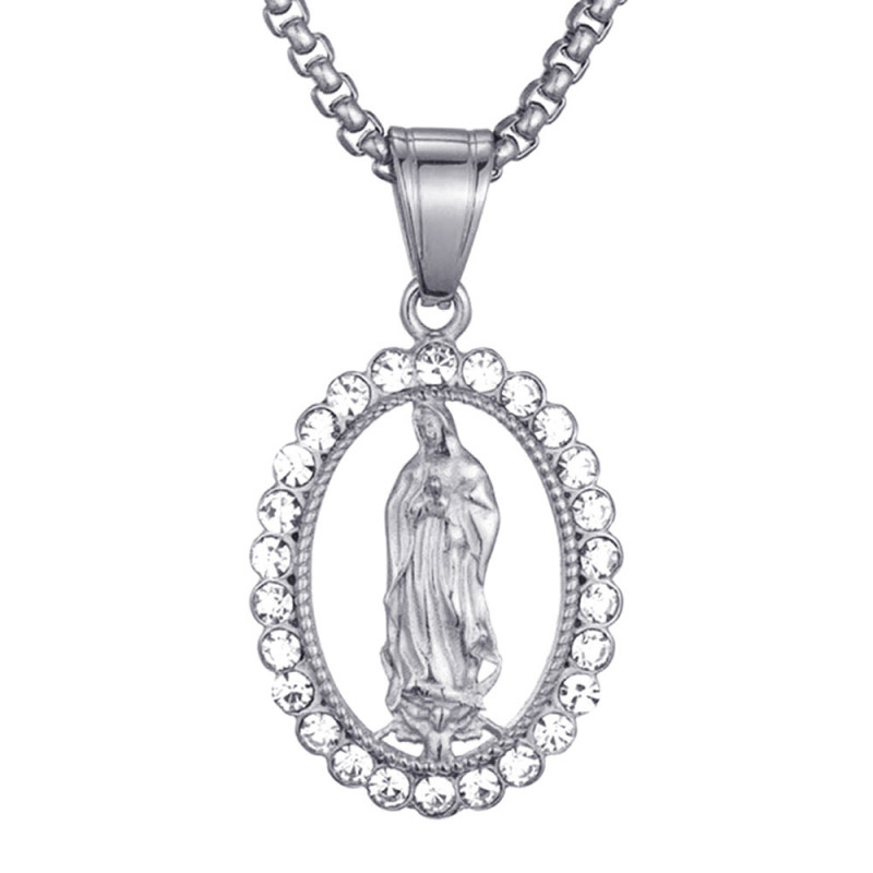 Ciondolo Vergine Maria Strass Acciaio Collana Argento Catena  IM#21804