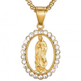 Ciondolo grande Vergine Maria Strass Acciaio Collana Oro Catena bobijoo