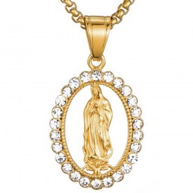 PE0163-BIG BOBIJOO JEWELRY Large pendant Virgin Mary Rhinestone Steel Gold Necklace Chain