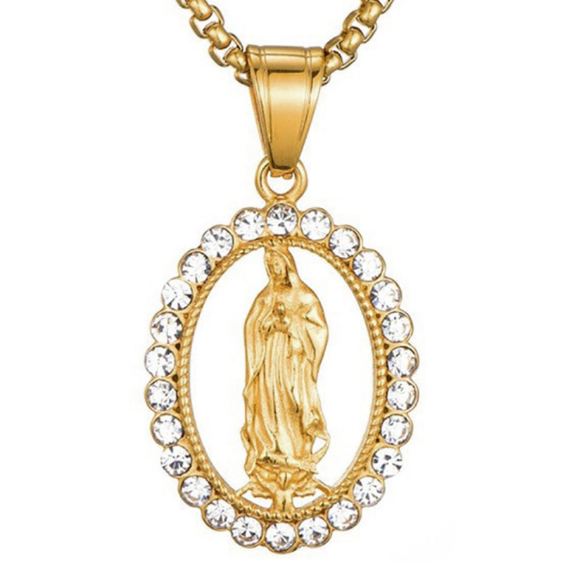 PE0163-BIG BOBIJOO JEWELRY Colgante grande Cadena de collar de oro de acero con diamantes de imitación de la Virgen María