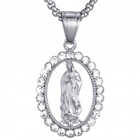 Grand pendentif Vierge Marie Strass Acier Argent Collier Chaîne bobijoo
