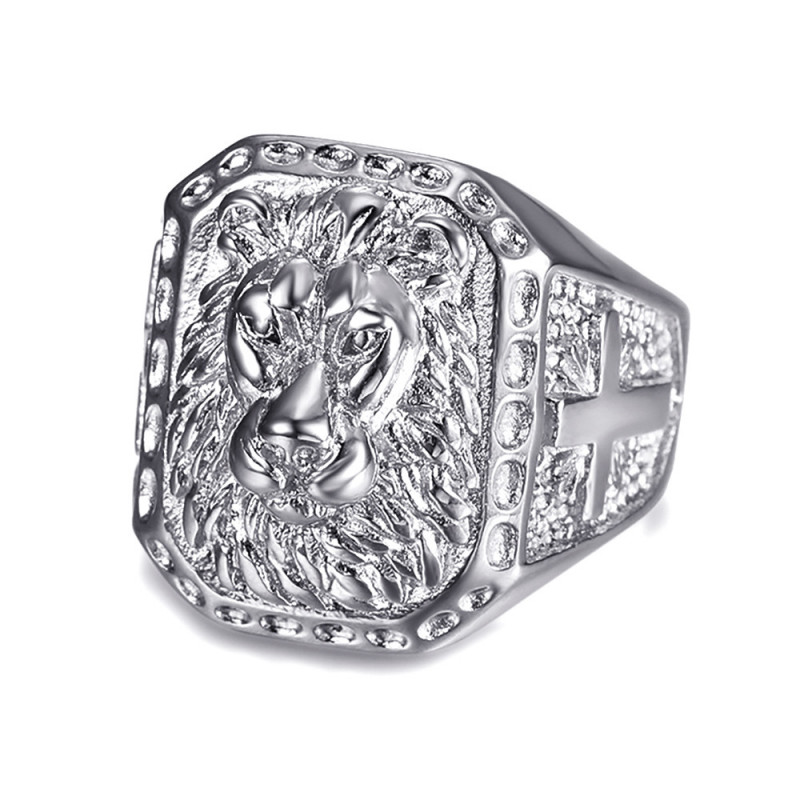 Men's Lion Head Ring Square Steel Cross Silver IM#21866