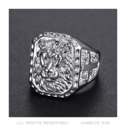Men's Lion Head Ring Square Steel Cross Silver IM#21868