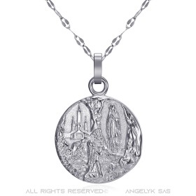Médaille de Lourdes Pendentif femme Acier argent Chaîne 50cm  IM#21983