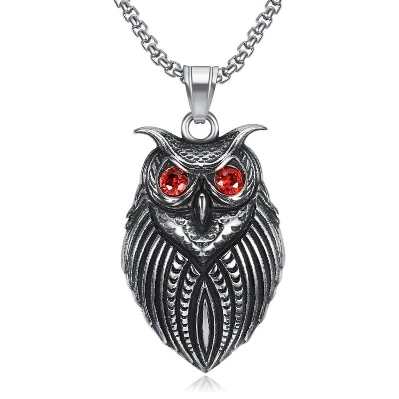 Pendentif Hibou Acier Inox 316L Argent Yeux Rouges  IM#22053