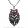 Pendentif Hibou Acier Inox 316L Argent Yeux Rouges  IM#22054