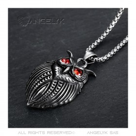 Pendentif Hibou Acier Inox 316L Argent Yeux Rouges  IM#22055