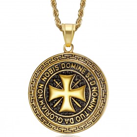 Pendentif Templier Acier Tout Or Croix Non Nobis  IM#22065