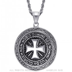 Ciondolo Templare Acciaio Tutto Argento Croce Non Nobis  IM#22072