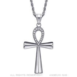 Ciondolo croce egiziana Ankh di diamanti in argento della vita  IM#22090
