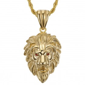 Lion Head Pendant Steel Gold Ruby Red Eyes + Chain  IM#22095