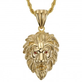 Pendentif Tête de Lion Acier Or Yeux Rouge Rubis + Chaîne  IM#22095