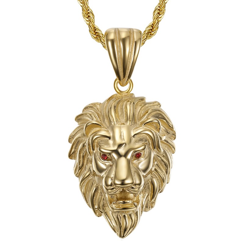 Pendentif Tête de Lion Acier Or Yeux Rouge Rubis + Chaîne  IM#22095