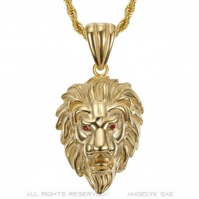 Lion Head Pendant Steel Gold Ruby Red Eyes + Chain  IM#22096