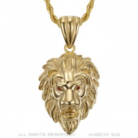 Pendentif Tête de Lion Acier Or Yeux Rouge Rubis + Chaîne  IM#22096