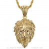 Pendentif Tête de Lion Acier Or Yeux Rouge Rubis + Chaîne  IM#22096