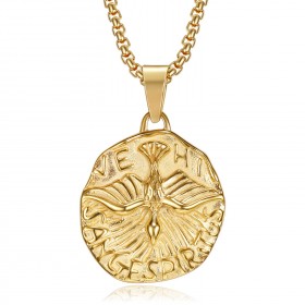 Pendentif Saint Esprit Veni Sancte Spiritus Acier Or + Chaîne  IM#22107