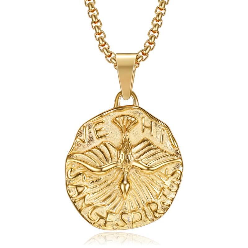 Anhänger, Heiliger Geist-Veni Sancte Spiritus Stahl-Gold + Kette  IM#22107