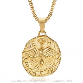 Pendentif Saint Esprit Veni Sancte Spiritus Acier Or + Chaîne  IM#22108