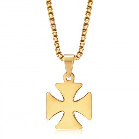 Anhänger Kreuz Pattée Templer-Ritter, Stahl-Gold + Kette  IM#22125