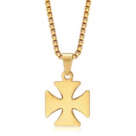 Pendentif Croix Pattée Templier Chevalier Acier Or + Chaîne  IM#22125