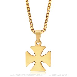 Anhänger Kreuz Pattée Templer-Ritter, Stahl-Gold + Kette  IM#22126