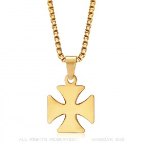 Anhänger Kreuz Pattée Templer-Ritter, Stahl-Gold + Kette  IM#22126