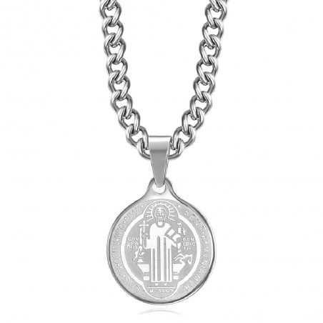 Pendant Medal Necklace, St Benedict Steel Silver Chain  IM#22141