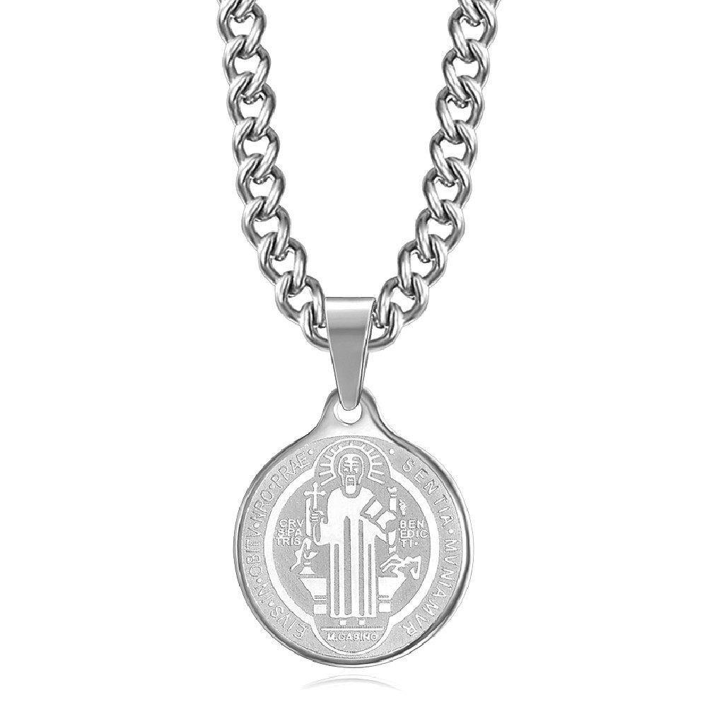 Pendant Medal Necklace, St Benedict Steel Silver Chain  IM#22141