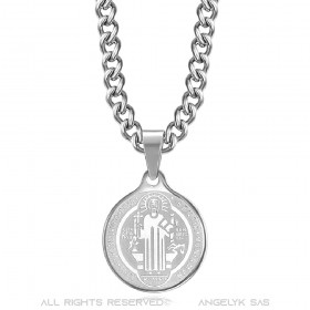 Pendant Medal Necklace, St Benedict Steel Silver Chain  IM#22142