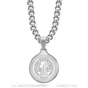 Pendentif Médaille Collier Saint Benoît Acier Argent Chaîne  IM#22142