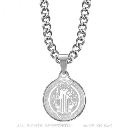Pendentif Médaille Collier Saint Benoît Acier Argent Chaîne  IM#22142