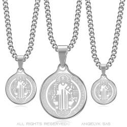 Pendentif Médaille Collier Saint Benoît Acier Argent Chaîne  IM#22143