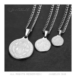 Pendant Medal Necklace, St Benedict Steel Silver Chain  IM#22144