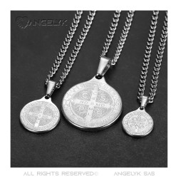 Pendant Medal Necklace, St Benedict Steel Silver Chain  IM#22145