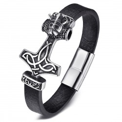 Armband Leder Schwarz, Stahl-Hammer Thor Viking Heiden   IM#22173