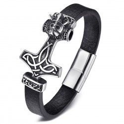 Bracelet Cuir Noir Acier Marteau de Thor Païens Viking   IM#22173