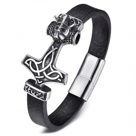 Black Leather Bracelet Steel Thor Hammer Pagan Viking   IM#22173