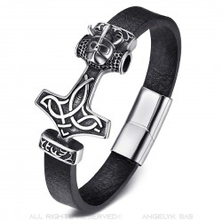 Bracelet Cuir Noir Acier Marteau de Thor Païens Viking   IM#22174
