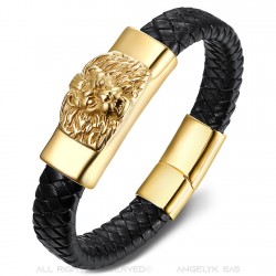 Bracelet Cuir Noir Tressé Tête de Lion Acier Doré Or Homme  IM#22180