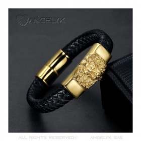 Black Leather Bracelet Braided Head of Lion Steel Gilded Gold Man  IM#22181