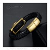 Black Leather Bracelet Braided Head of Lion Steel Gilded Gold Man  IM#22182