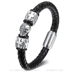 Leather Bracelet stainless Steel skull Templar Cross Pattée Man  IM#22192