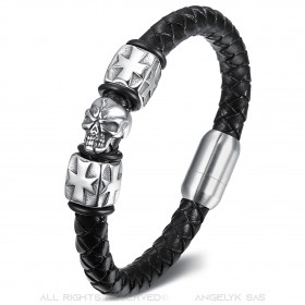 Bracelet Cuir Acier Tête de Mort Templier Croix Pattée Homme  IM#22192