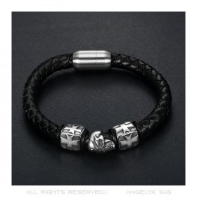 Bracelet Cuir Acier Tête de Mort Templier Croix Pattée Homme  IM#22193